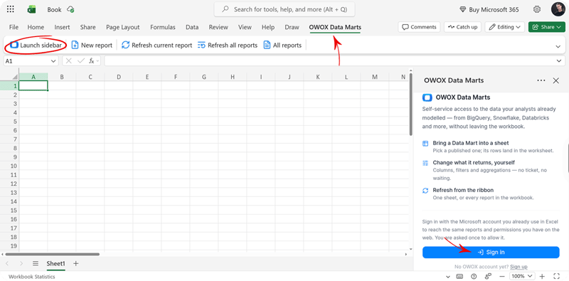 Excel with the OWOX Data Marts ribbon tab active and the task pane showing the Sign in button