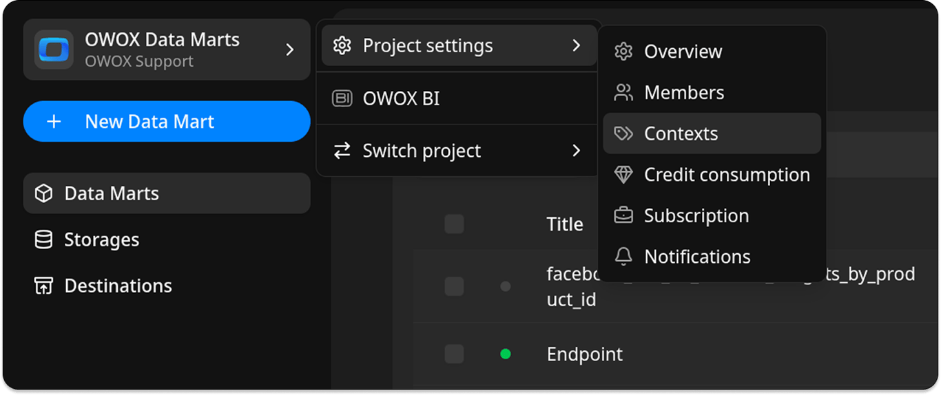 Project Settings → Contexts table listing three example contexts with their names, member counts, descriptions, and creation details