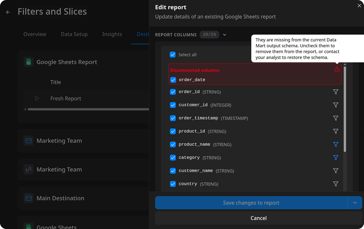 Edit report panel with a red "Disconnected columns" group at the top of the column list, containing order_date with a checked checkbox. A tooltip is open showing "They are missing from the current Data Mart output schema. Uncheck them to remove them from the report, or contact your analyst to restore the schema." The remaining columns (order_id, customer_id, order_timestamp, product_id, product_name, category, customer_name, country) are listed below and appear valid.