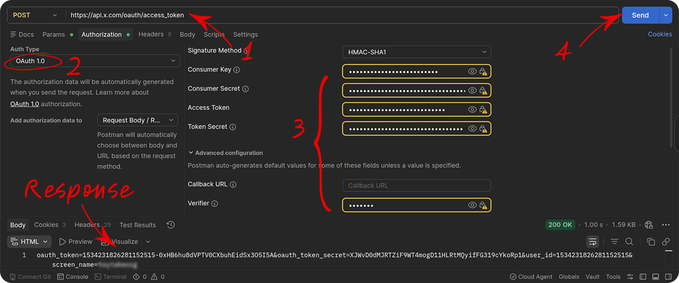 Postman showing the POST request to oauth/access_token with OAuth 1.0 settings filled in and the 200 OK response containing oauth_token and oauth_token_secret