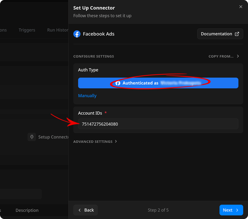 OWOX Facebook connector settings showing the Continue with Facebook button and the Account ID field