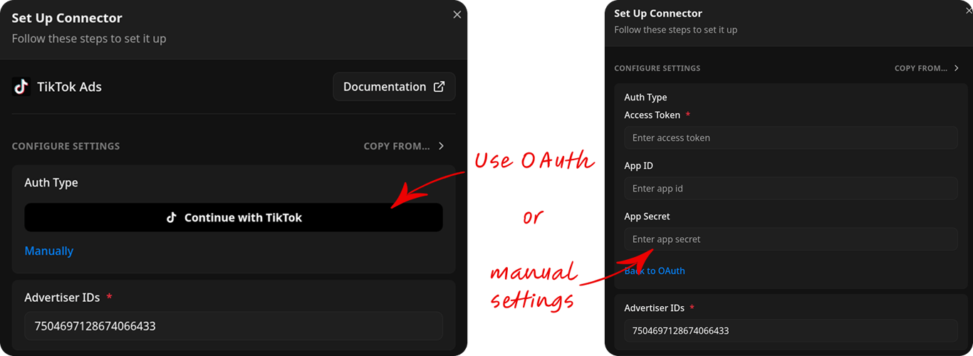 Set Up Connector panel comparing the Continue with TikTok button and the manual Access Token fields