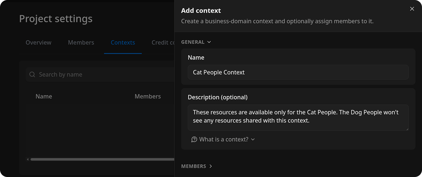 Add context panel with fields for Name, Description, and Members