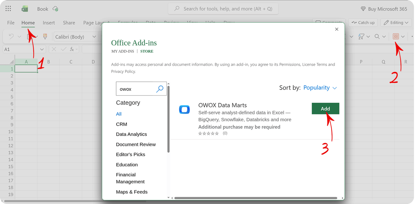 Office Add-ins dialog in Excel with the Store tab open, OWOX Data Marts in the search results, and the Add button highlighted