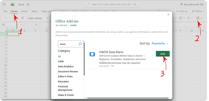 Office Add-ins dialog in Excel with the Store tab open, OWOX Data Marts in the search results, and the Add button highlighted