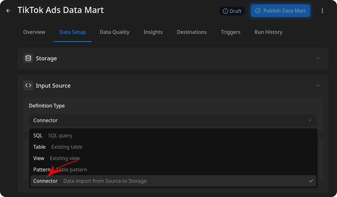Definition Type dropdown with the Connector option selected