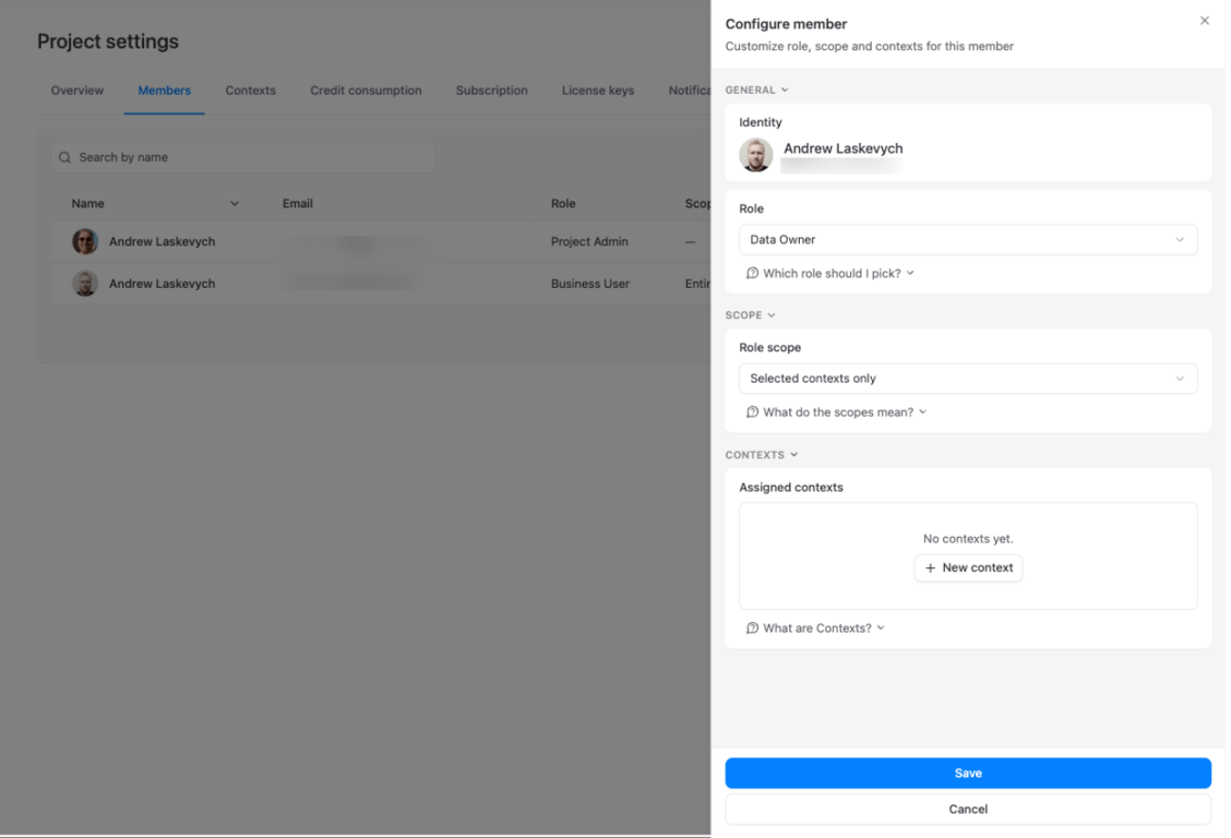 Configure member panel with the Data Owner role selected for a project member