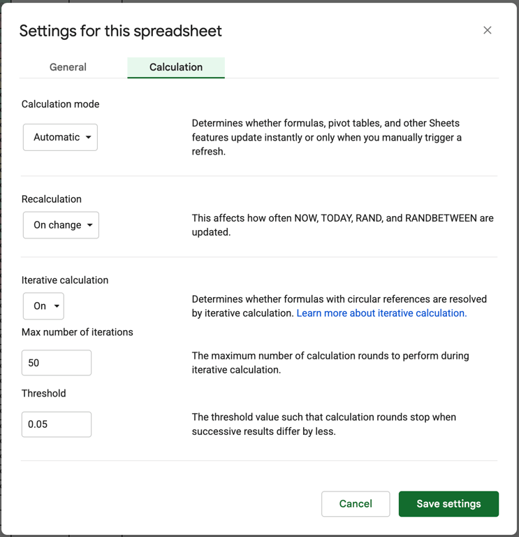 Settings for this spreadsheet dialog in Google Sheets with the Calculation tab open. Iterative calculation is set to On, Max number of iterations is 50 and Threshold is 0.05; the Save settings button is at the bottom right