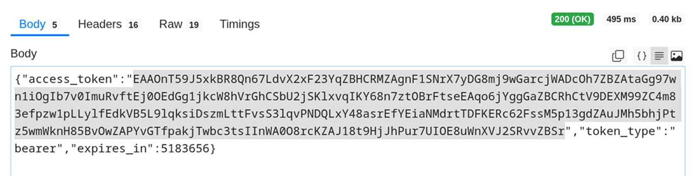 API client response panel showing the returned access_token value