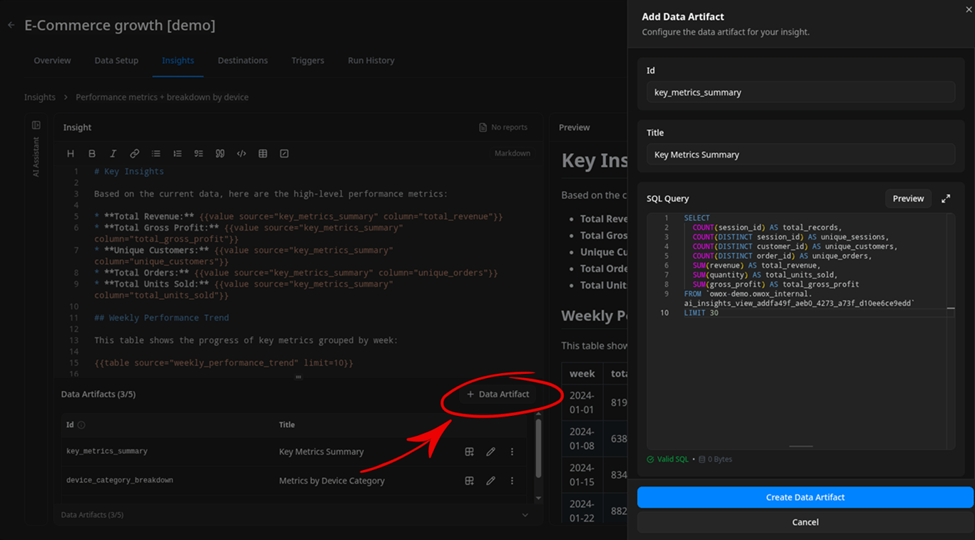 Data Artifacts panel listing attached SQL queries with their keys, titles, and validation status indicators
