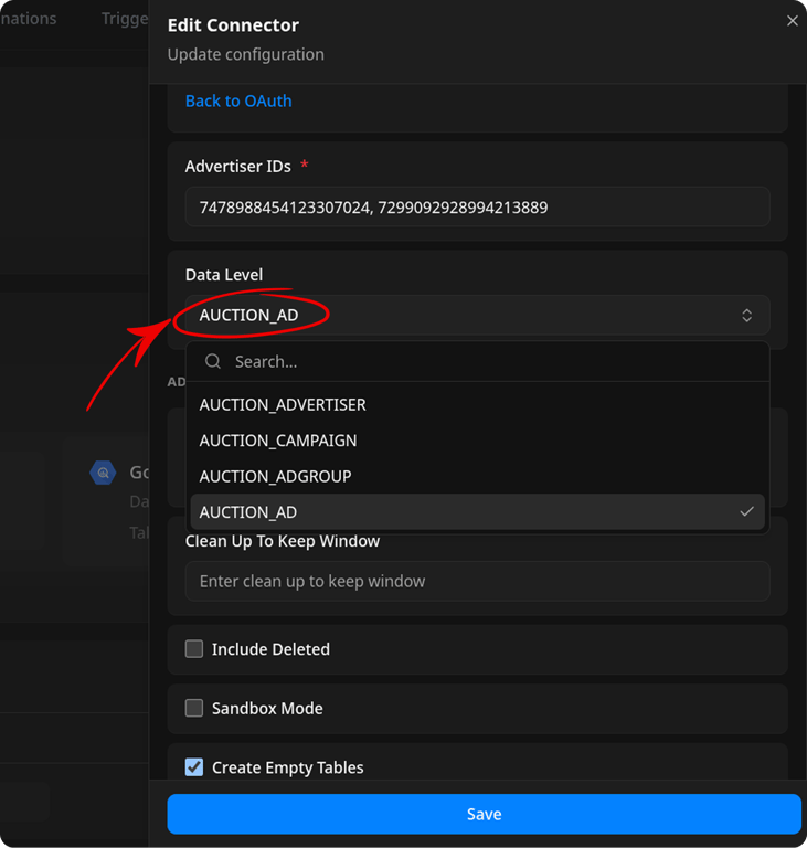 Data Level dropdown open with the four reporting grains and AUCTION_AD selected