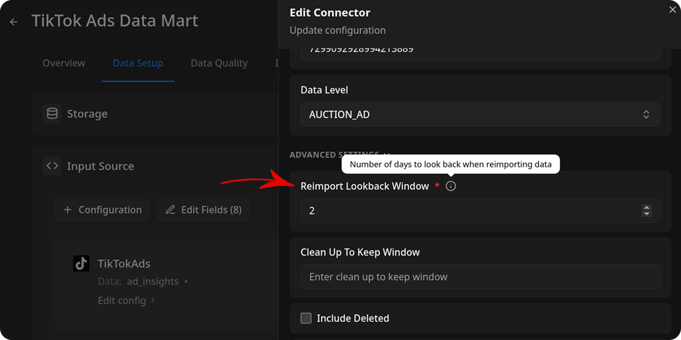 Edit Connector panel with the Reimport Lookback Window field highlighted in Advanced settings