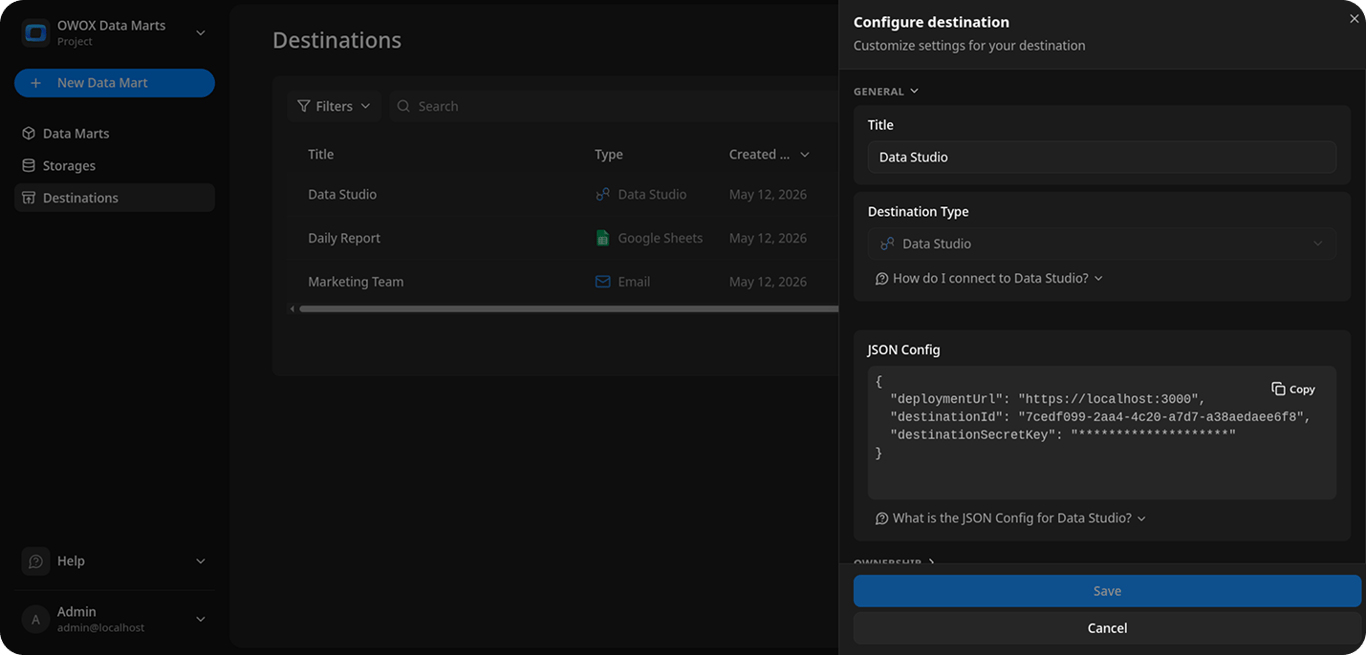 OWOX Data Marts new destination form with "Data Studio" selected as destination type, showing Title and Deployment URL fields and a JSON Config ready to copy