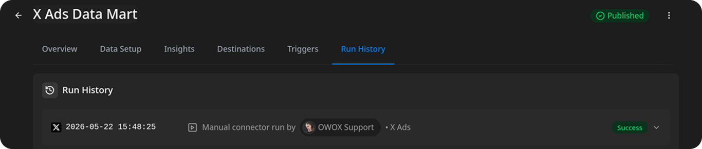Run History tab showing a completed run with a Success status