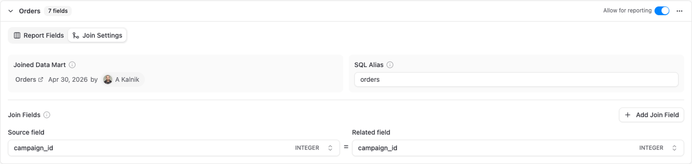 Join Settings tab with the joined Data Mart card, SQL Alias, and Join Fields