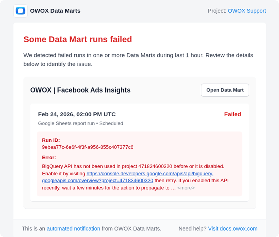 Example "Failed runs" email showing the email subject, project name, and a list of Data Marts with their failed runs and error messages