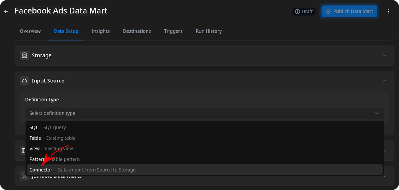 Facebook Ads connector setup screen with OAuth and manual authentication options