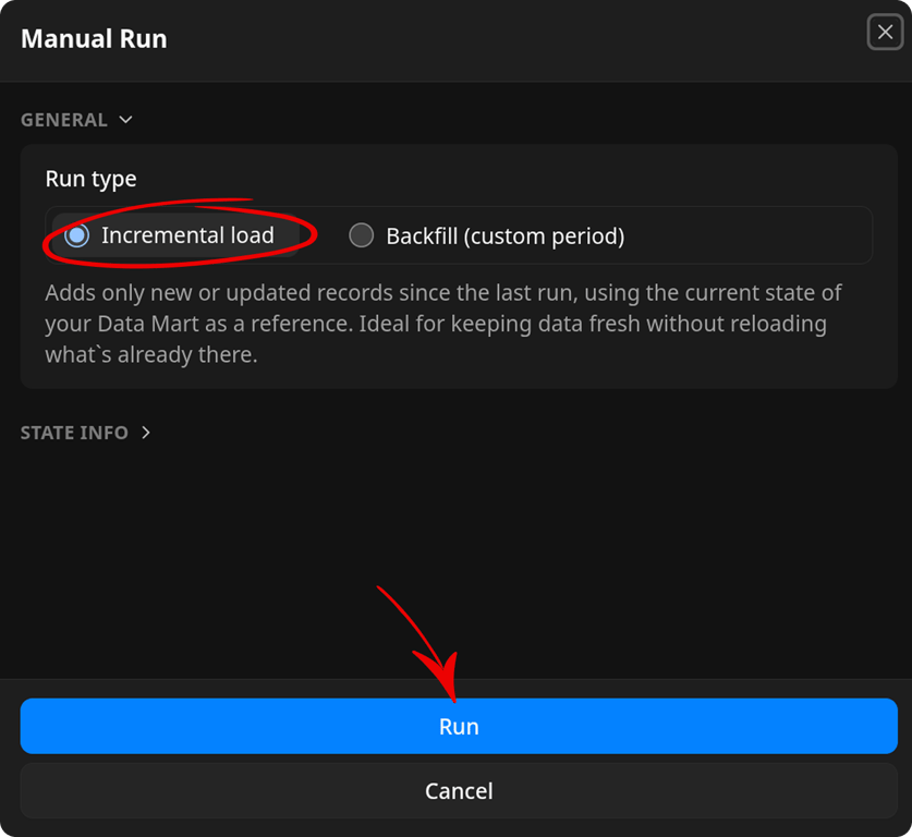 Manual Run dialog with Incremental load selected and the Run button highlighted