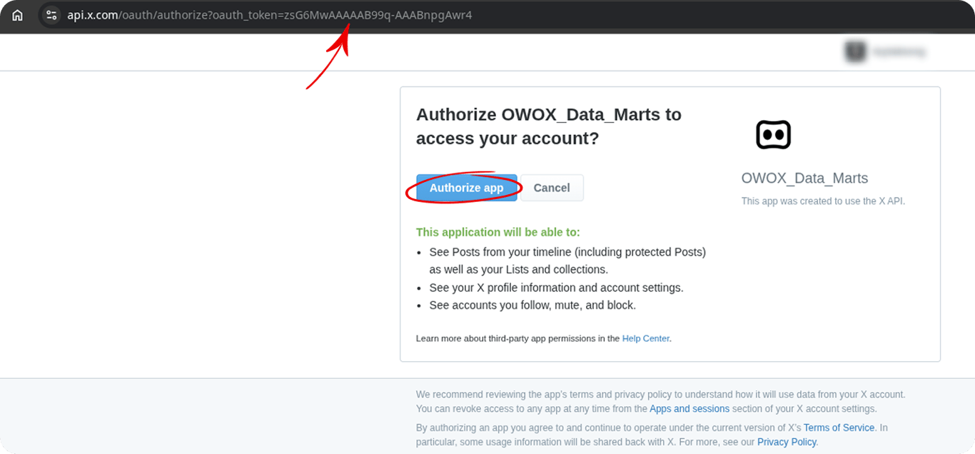 X authorization page in the browser showing the Authorize app button circled, with the oauth_token visible in the URL bar