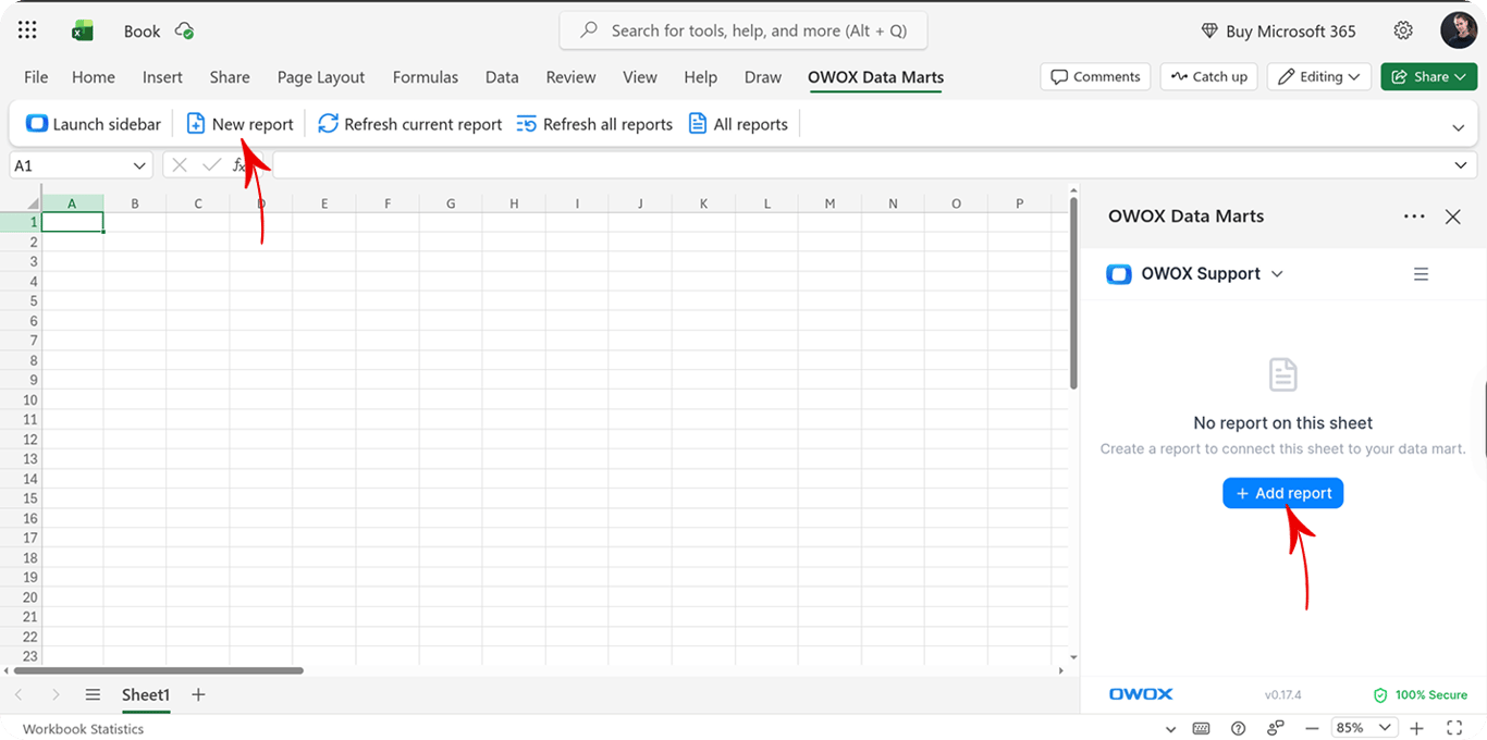 Excel with the New report ribbon button and the Add report button in the OWOX Data Marts task pane highlighted
