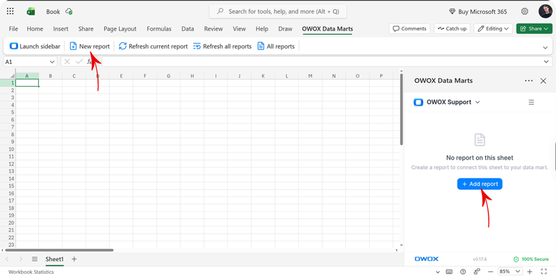 Excel with the New report ribbon button and the Add report button in the OWOX Data Marts task pane highlighted