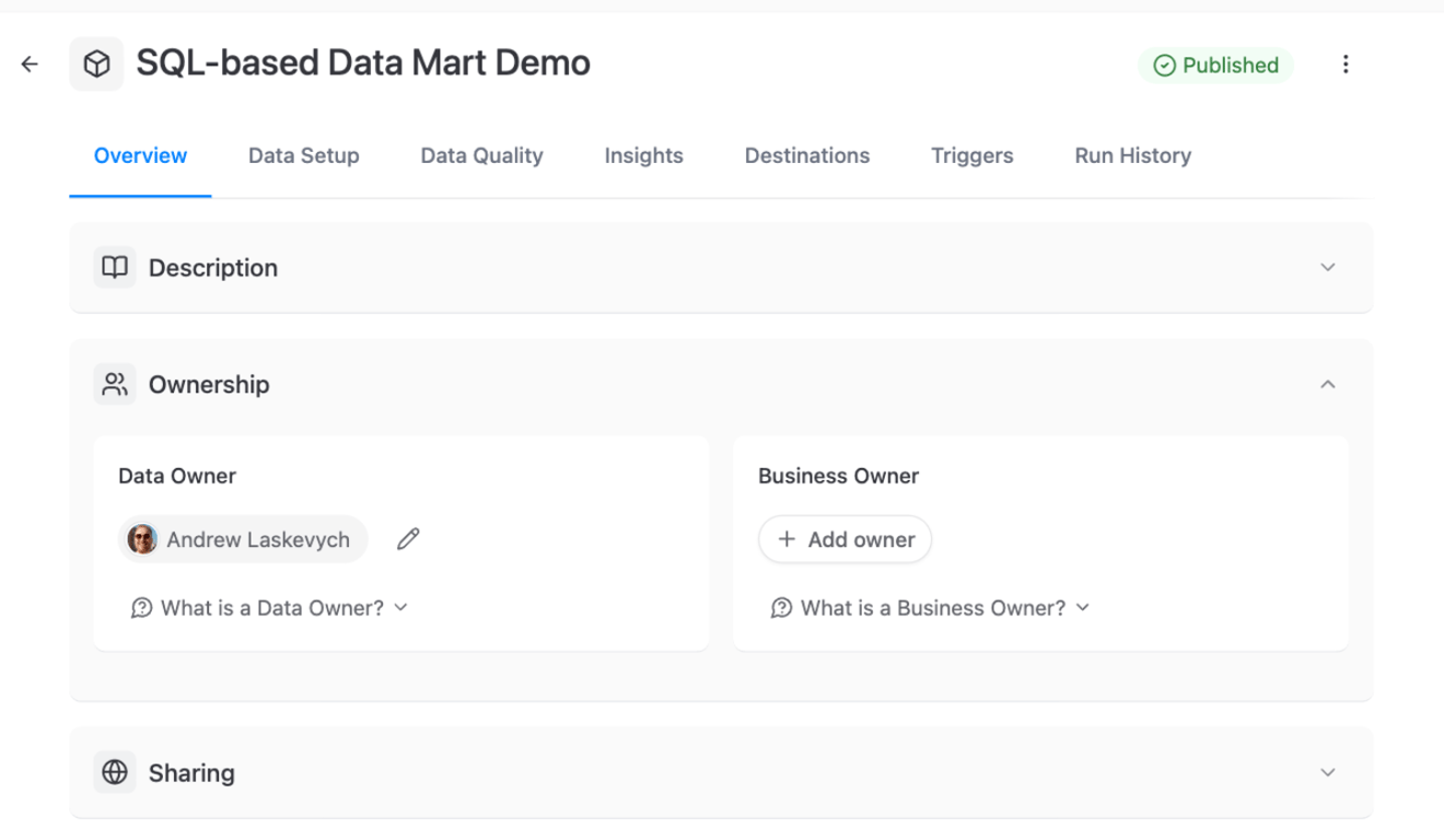Ownership section of a Data Mart Overview tab with the Data Owner and Business Owner fields