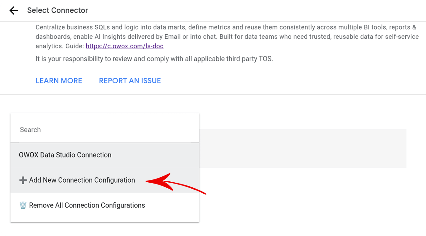 Data Studio connector Select Connection Configuration dropdown showing an existing OWOX Data Studio Connection and the Add New Connection Configuration option