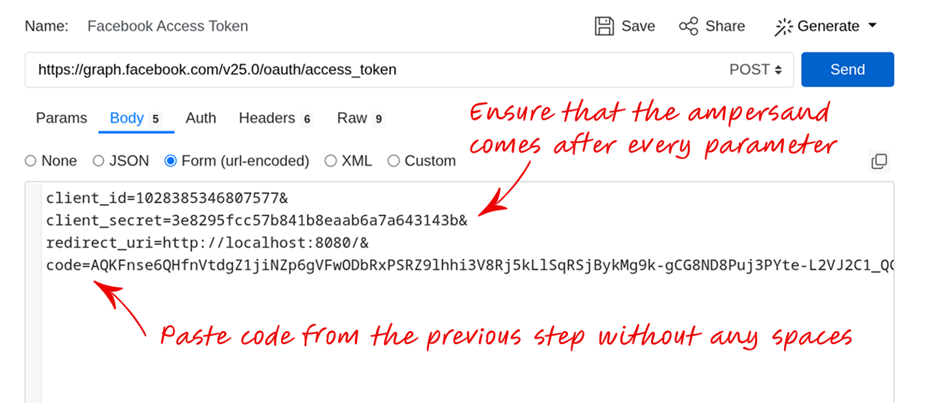 API client Body tab set to form-encoded with client_id, client_secret, redirect_uri, and code parameters