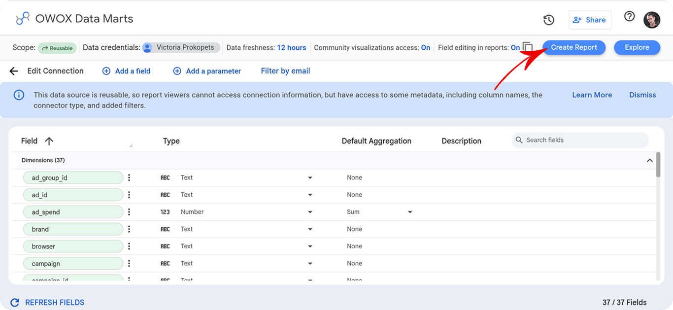 OWOX Data Marts data source field list in Looker Studio with the Create Report button highlighted