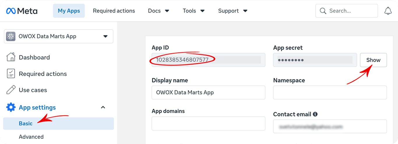 App Settings Basic page showing the App ID and App Secret fields