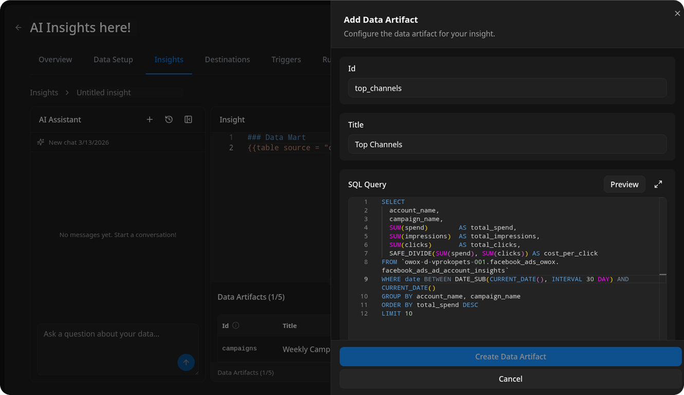 Data Artifact editor with a SQL query input field, real-time syntax validation, and a row preview table below the editor