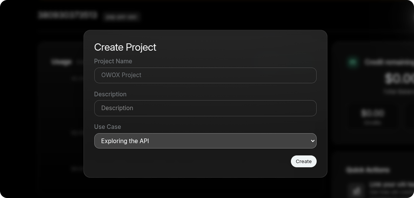 Create Project dialog with Project Name set to "OWOX Project", Use Case set to "Exploring the API", and the Create button