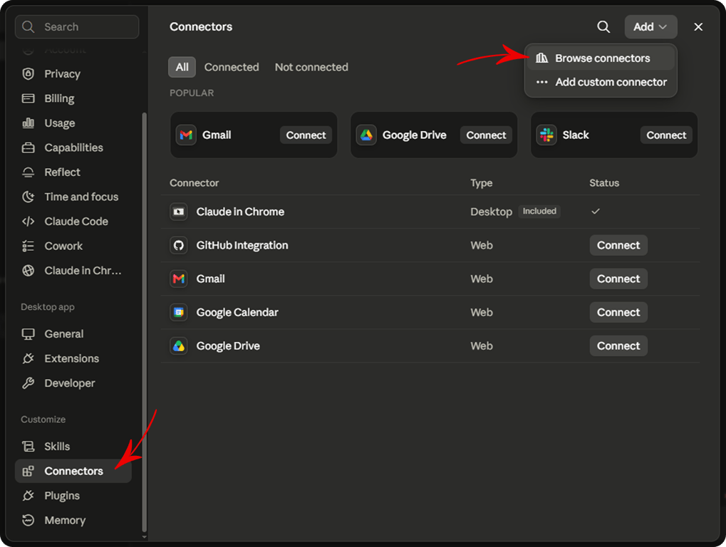 Claude Desktop Connectors settings with an arrow pointing from the Connectors sidebar item to Browse connectors in the Add menu