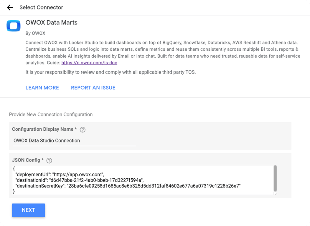 Looker Studio connector setup screen for OWOX Data Marts with Configuration Display Name and JSON Config fields, and a Next button