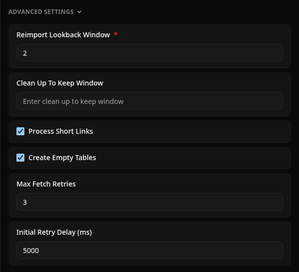 Google Ads connector Advanced Settings with Process Short Links checked