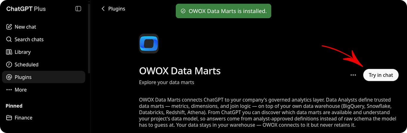 ChatGPT authorization screen with the Sign in with OWOX Data Marts button