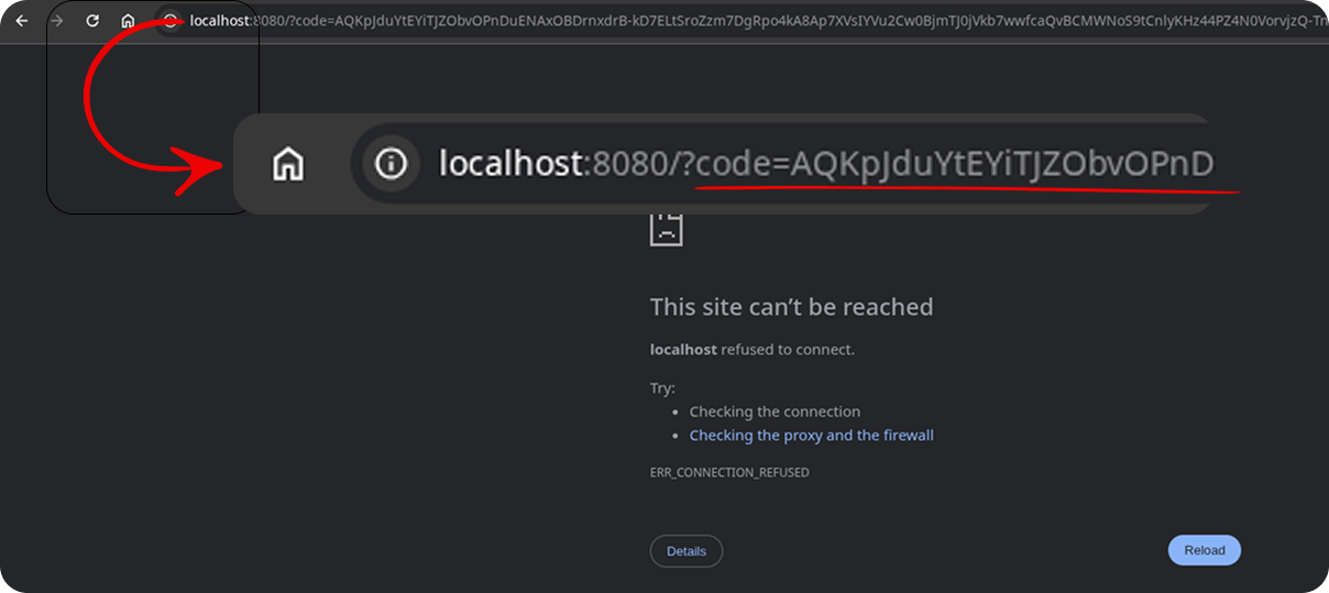 Browser address bar showing the code parameter on a "This site can't be reached" page