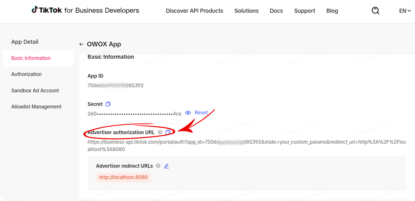 TikTok app detail page showing the Advertiser authorization URL