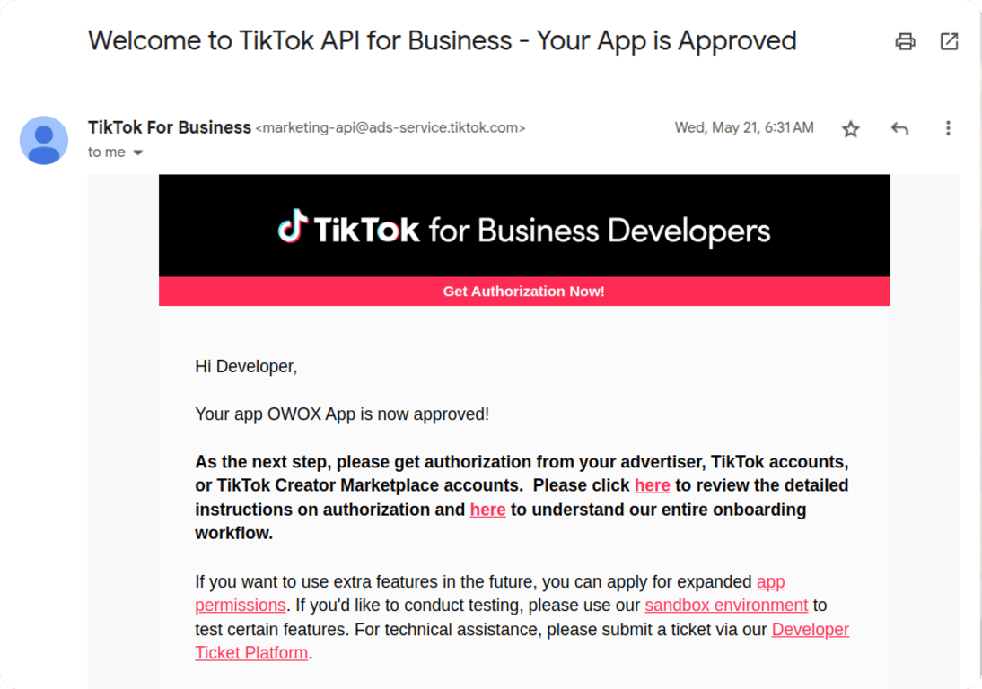 TikTok approval email confirming the developer app passed review
