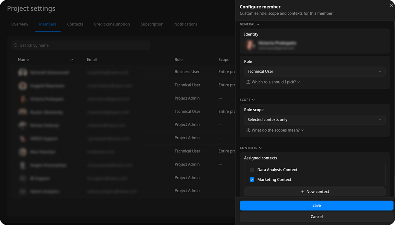 Member settings panel showing the Contexts multi-select field and Role scope set to Selected contexts only