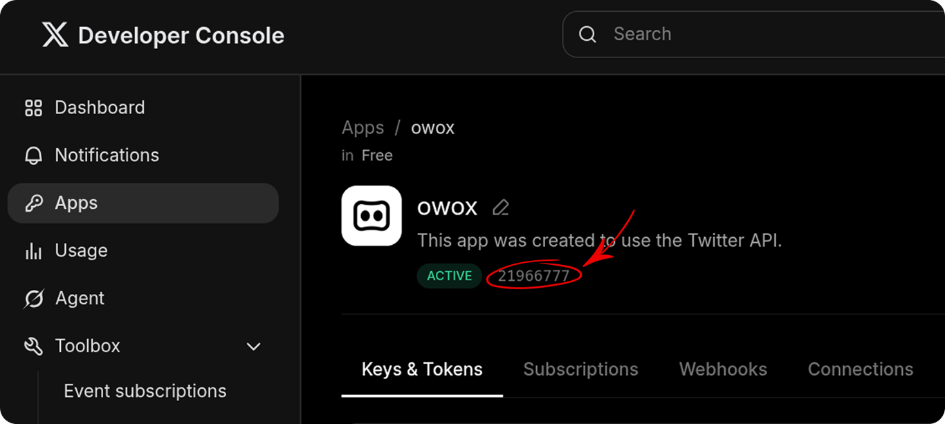 X Developer Console app detail page showing the App ID highlighted next to the app name