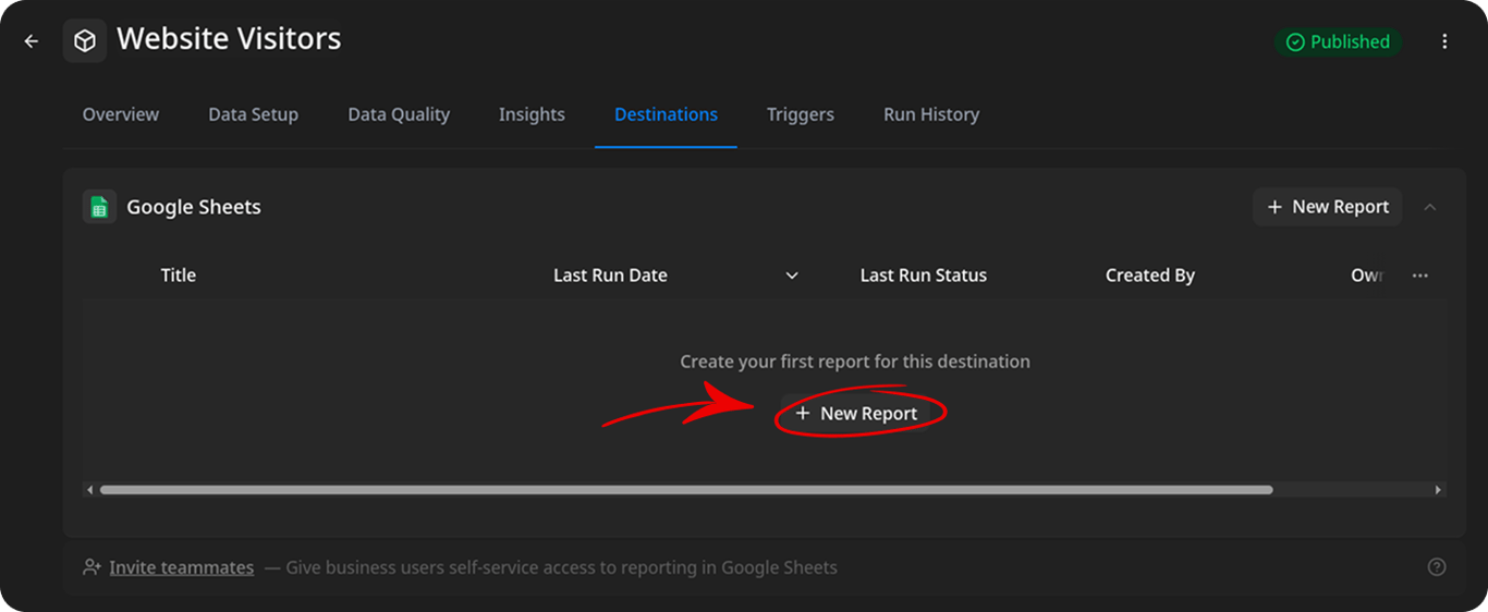 Destinations tab of a Data Mart. A red arrow points to the New Report button inside the empty report table of a Destination block; a second New Report button sits in the block header
