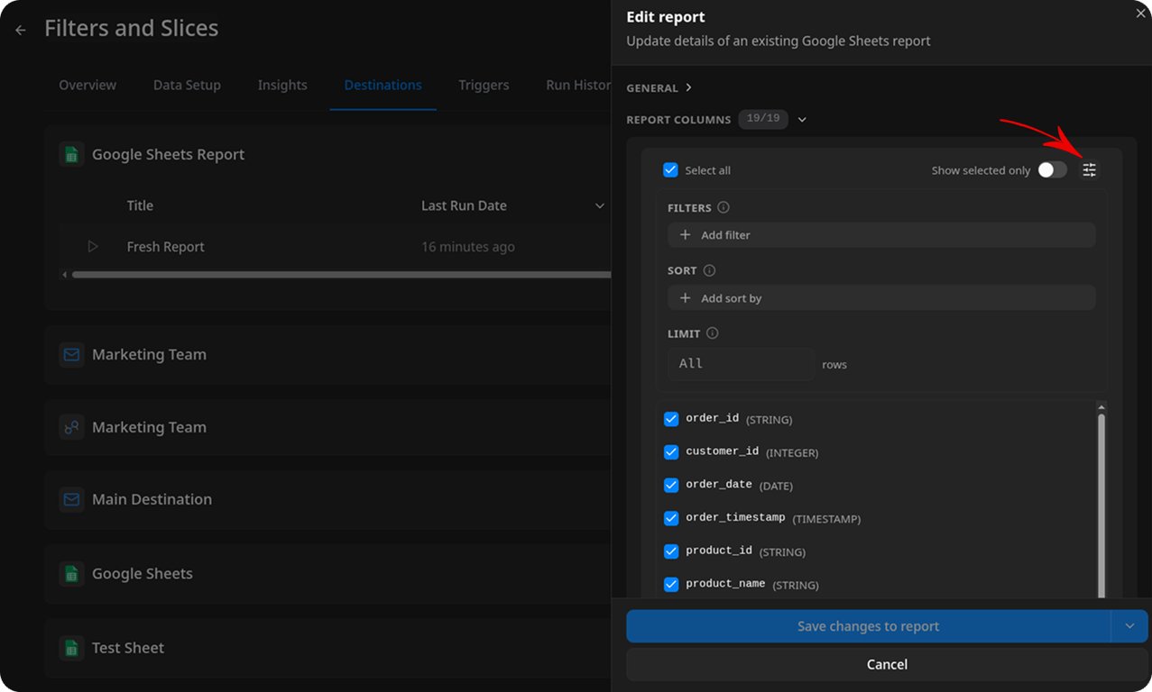 Edit report panel for a Google Sheets report. The Report Columns section (19/19) is expanded with Filters, Sort, and Limit sections visible — all empty. An arrow points to the Output controls button (sliders icon) in the top-right corner of the Report Columns section.