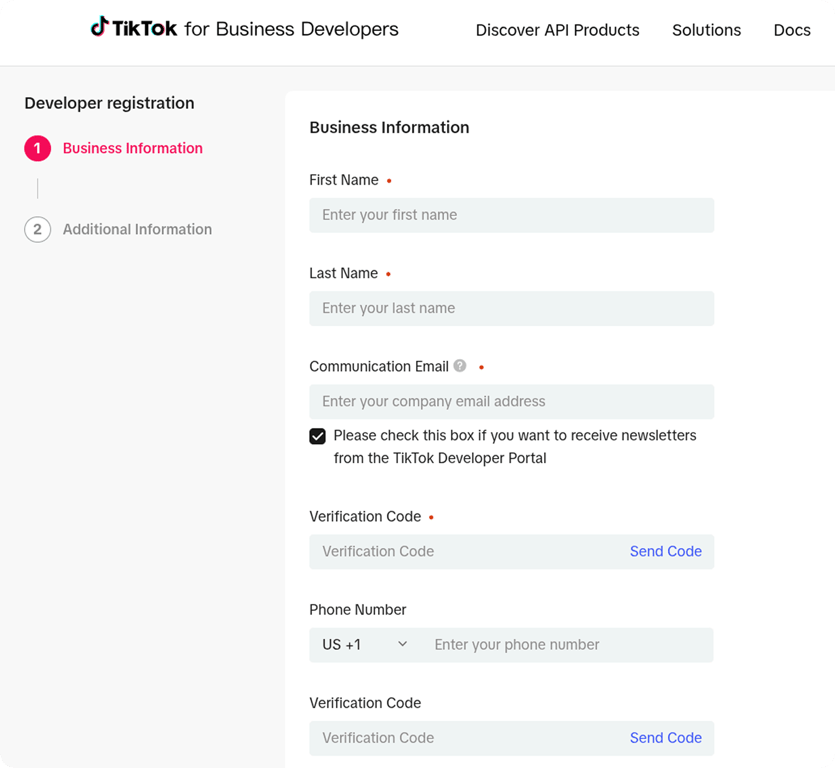 TikTok developer registration form with the Business Information fields