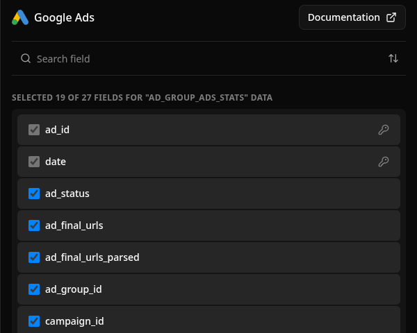 Google Ads Ad Group Ads Stats field list with ad_final_urls and ad_final_urls_parsed selected