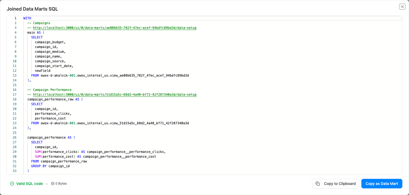 Joined Data Marts SQL modal with Copy to Clipboard and Copy as Data Mart actions