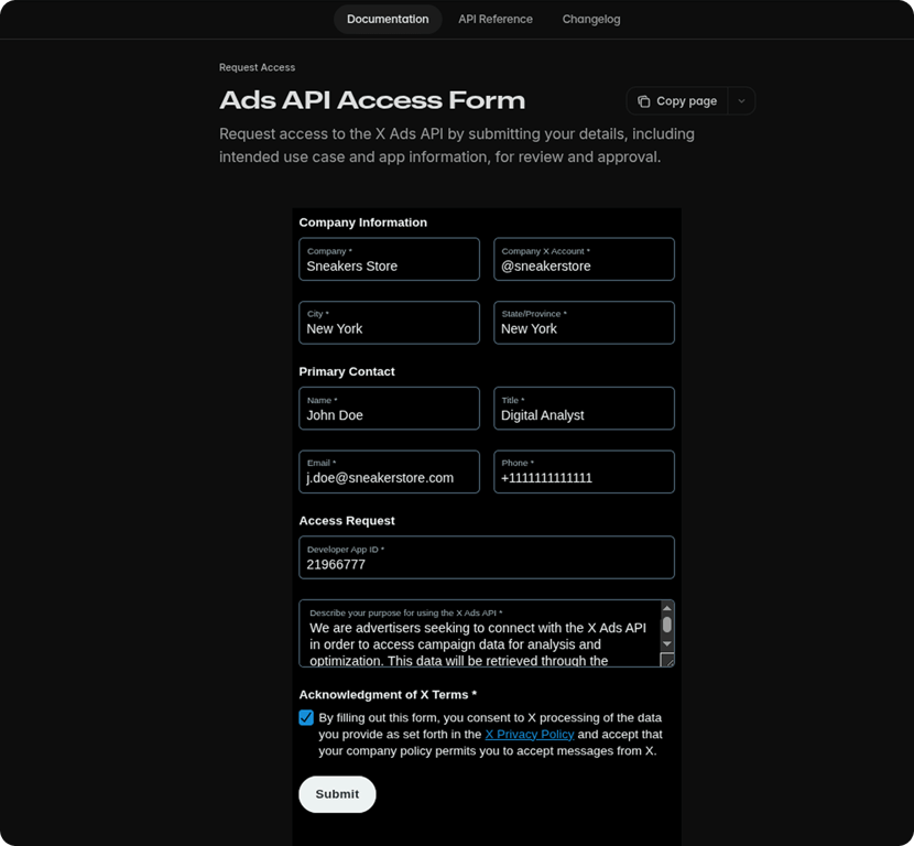 Ads API Access Form with fields for company info, contact details, Developer App ID, and API purpose description
