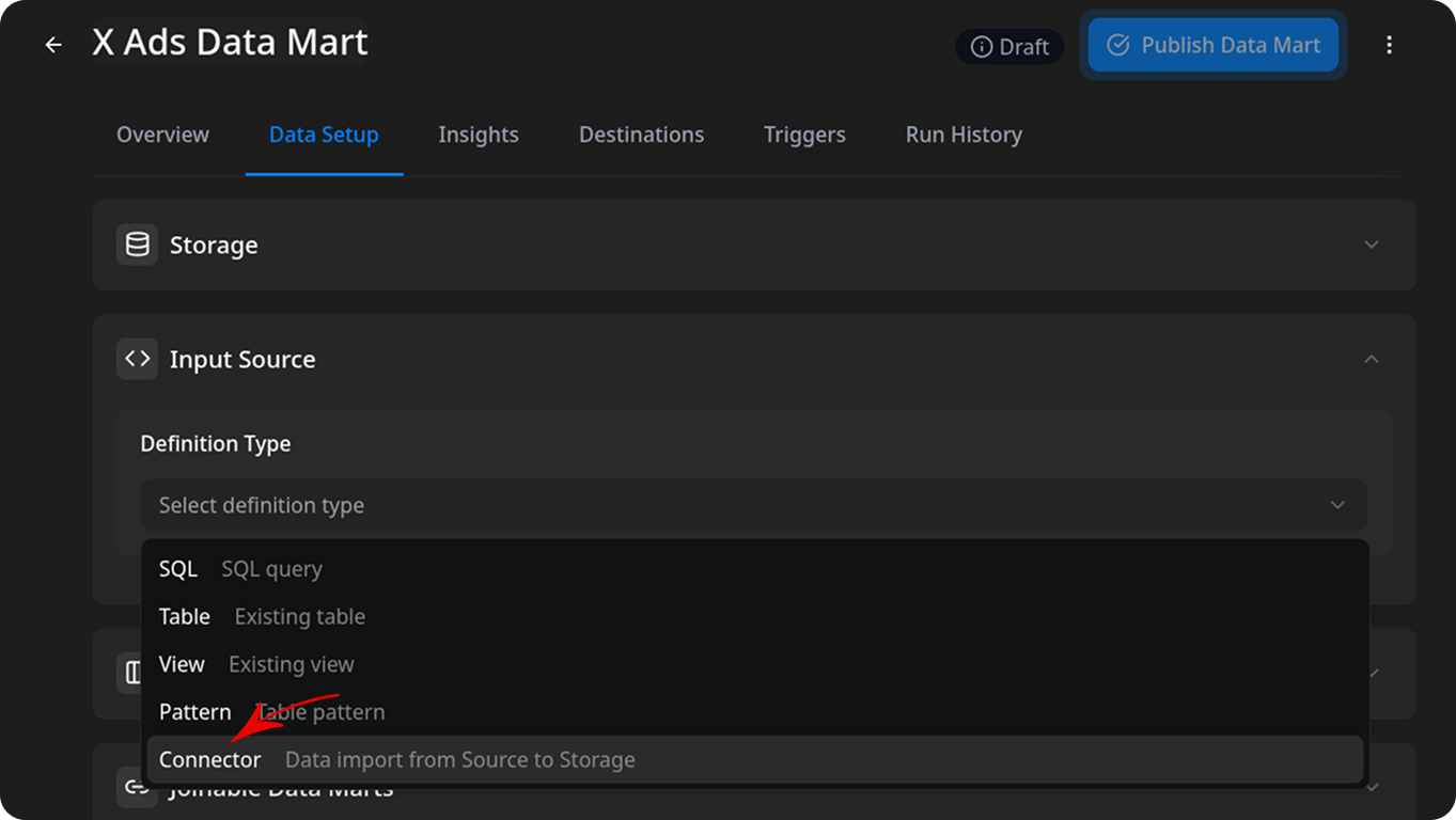 Data Setup page showing the Definition Type dropdown with Connector option highlighted