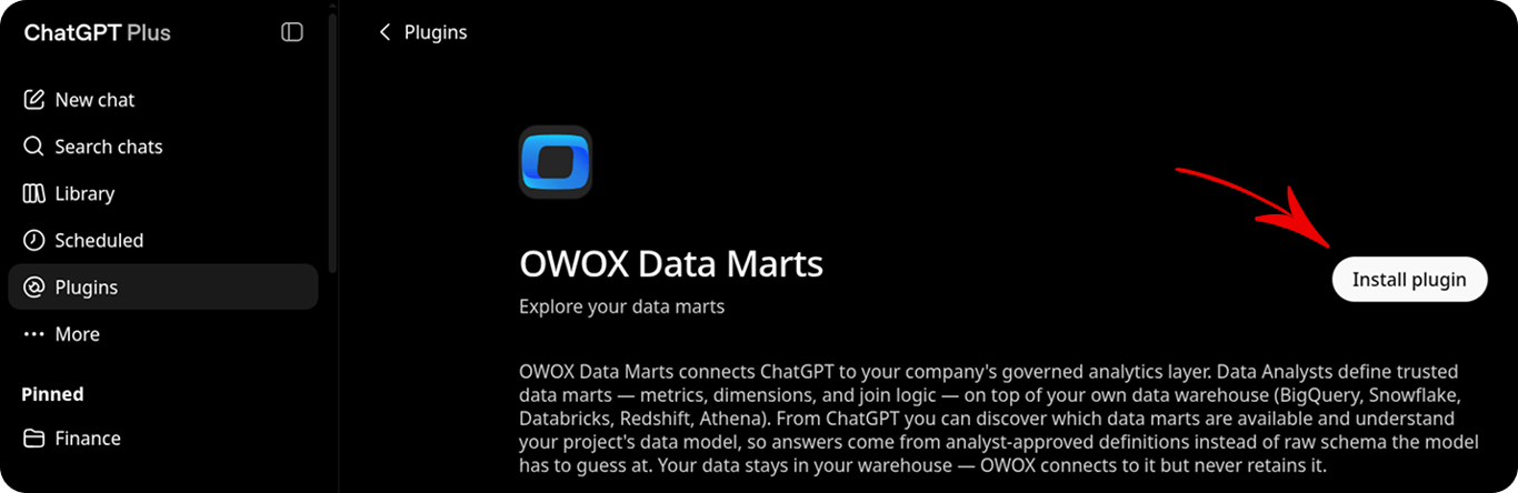 ChatGPT Plugins settings showing the OWOX Data Marts plugin ready to connect