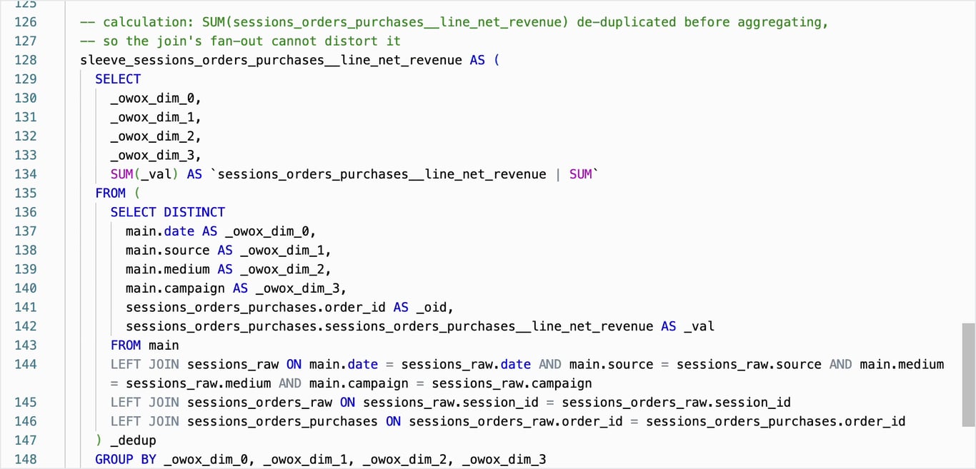 Report SQL: a joined revenue sum is computed over SELECT DISTINCT rows keyed by order ID, so the join's fan-out cannot distort it